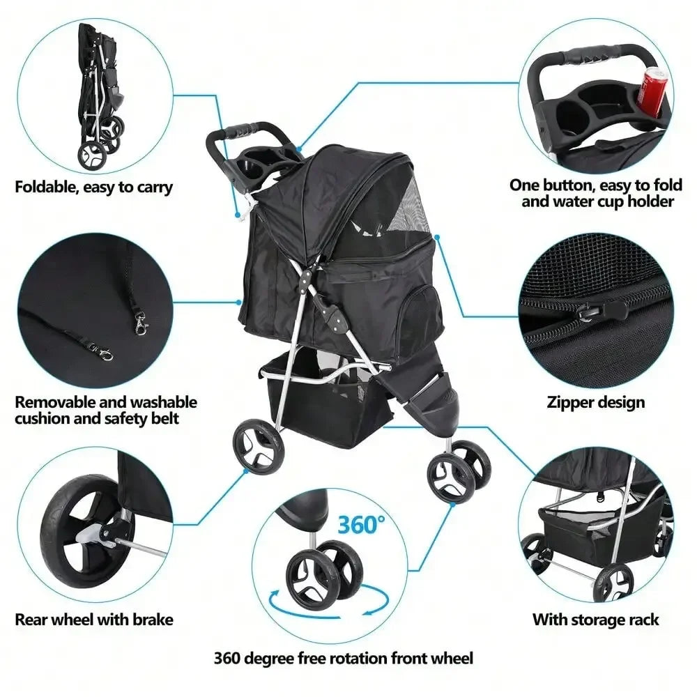 Foldable 3 Wheel Dog Stroller with Cup Holder by NoEnName