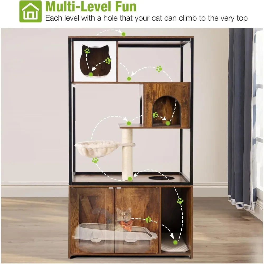 Huanzhuang Cat Litter Box Enclosure and Cat Tree Furniture