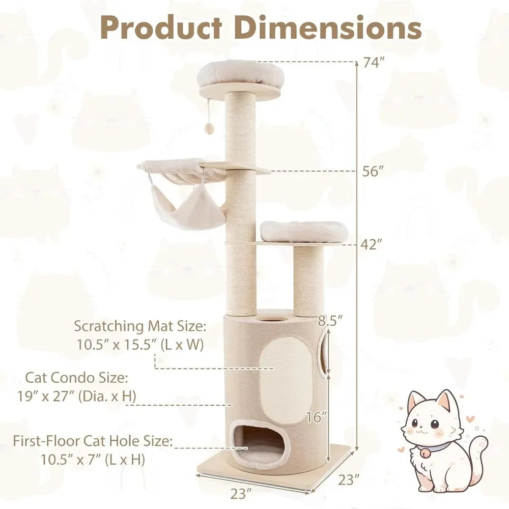 HuanZhuang 74 Inch Multi-Level Cat Tree Tower with Hammocks